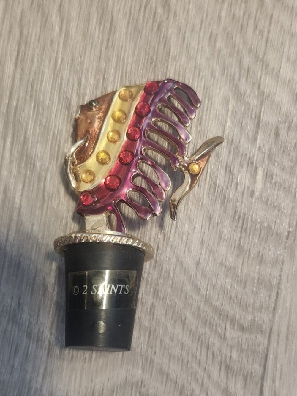 2 Saints Angel Fish Enameled Metal Wine Bottle Stopper Rhinestones Gaudy No Box